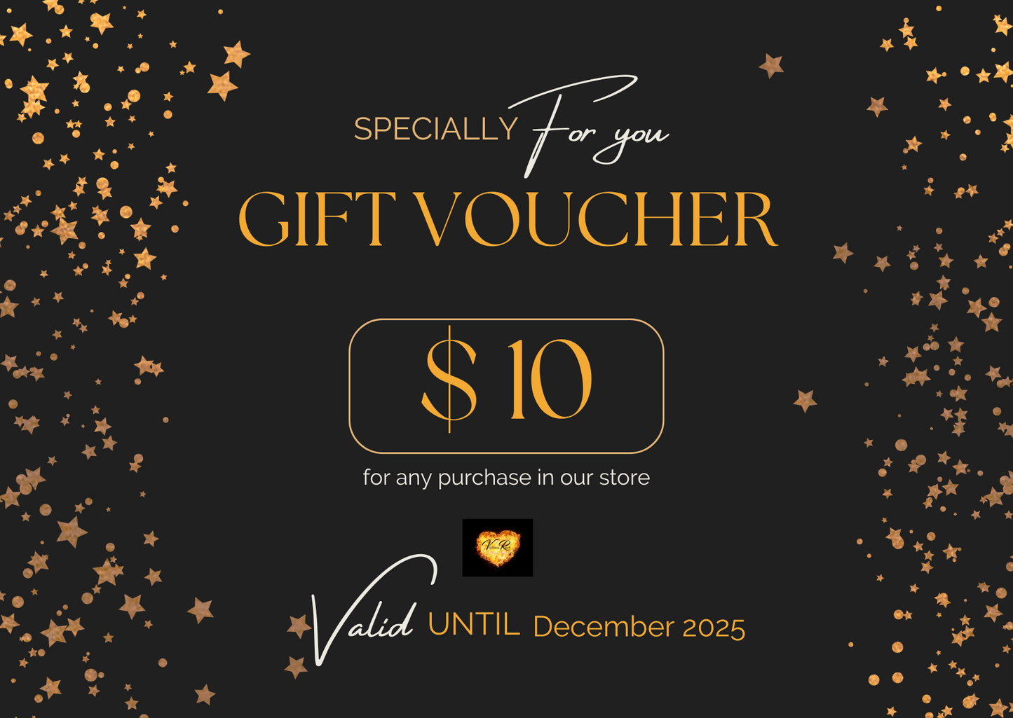 Gift voucher for $10 with decorative stars on a black background