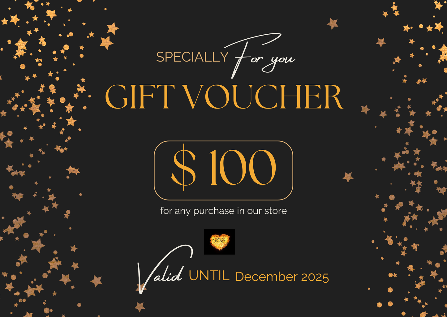 Gift voucher for $100 with decorative stars on a black background