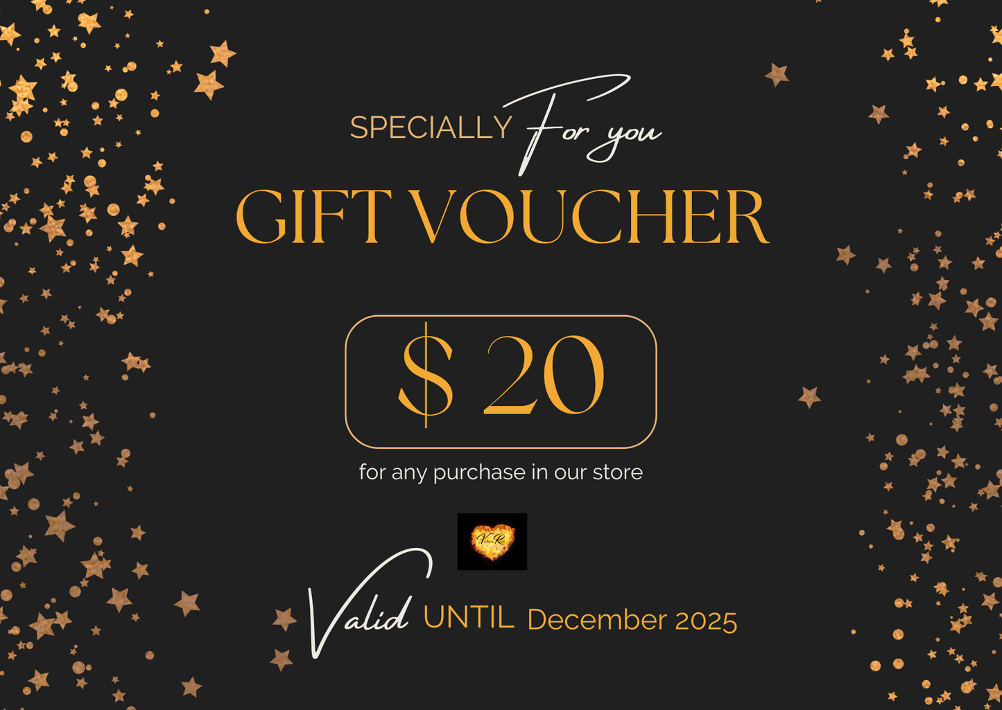 Gift voucher for $20 with star decorations on a black background