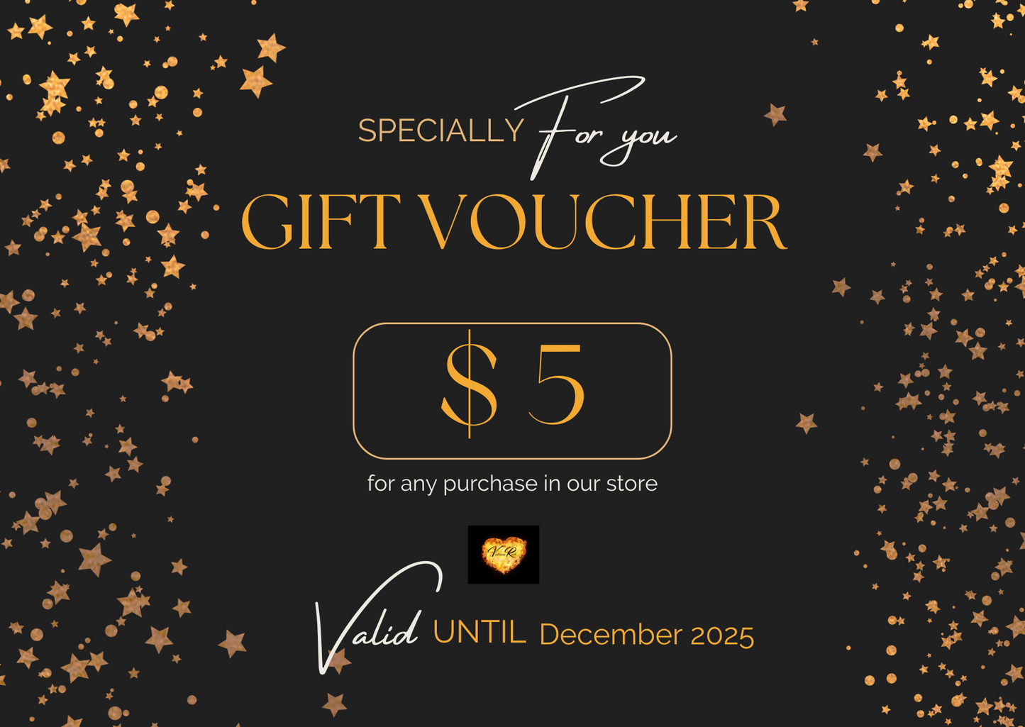 Gift voucher for $5 with decorative stars on a black background