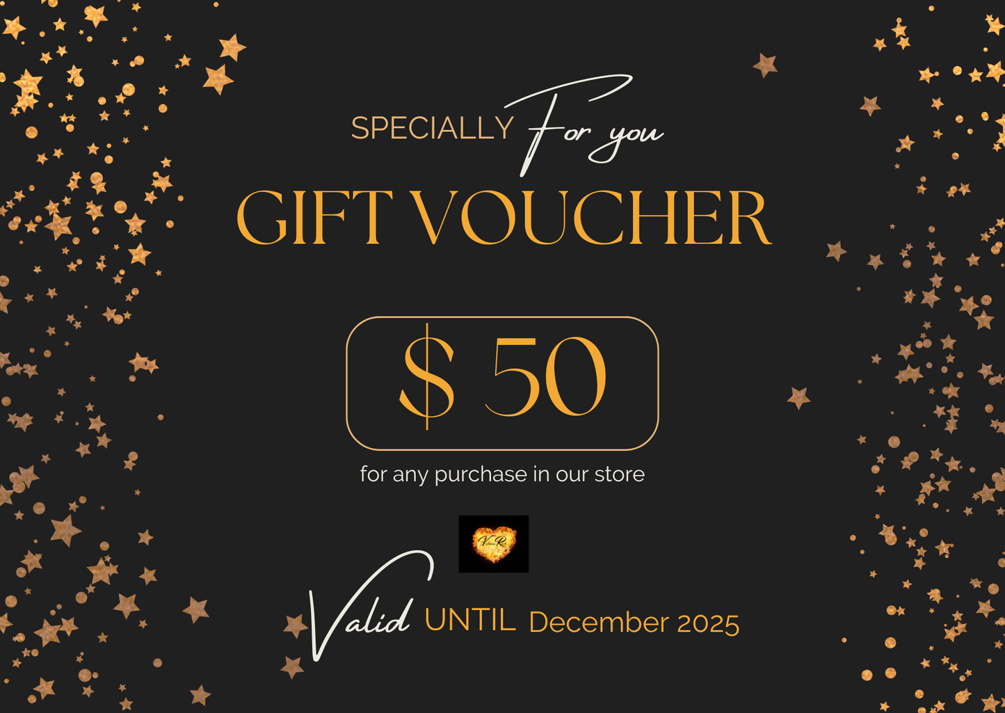 Gift voucher for $50 with star decorations on a black background