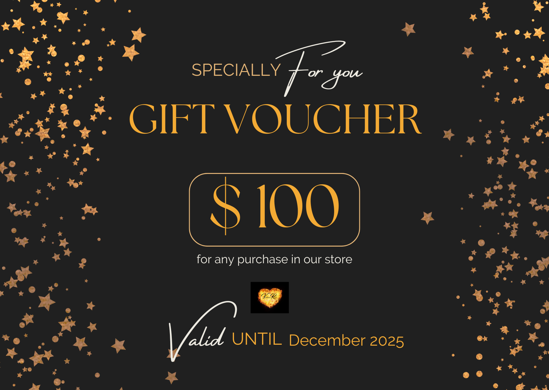 Gift voucher for $100 with decorative stars on a black background
