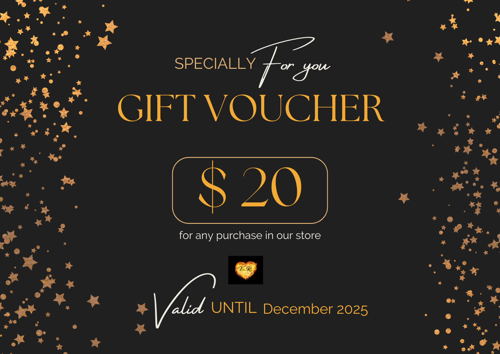 Gift voucher for $20 with star decorations on a black background
