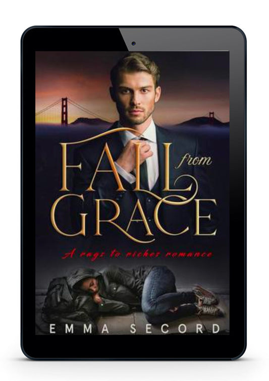A tablet device displaying a romance novel cover titled "From Fall Grace" by Emma Secord. The cover shows a man in a suit against a sunset with the Golden Gate Bridge, large gold title lettering, and a sleeping person at the bottom.